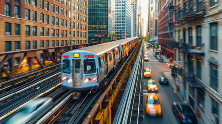 A commuter train speeding on elevated tracks above urban trafficの素材