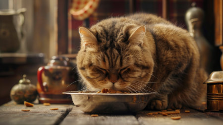 A fat cat eating from a food bowl with an indulgent expression, emphasizing its love for foodの素材