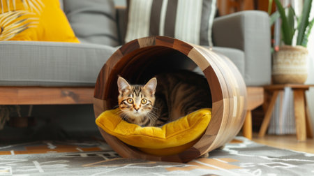 A cozy wooden cat house in a living room, with a cat peeking out from inside, illustrating a comfortable home environmentの素材