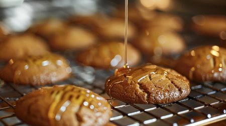 A freshly baked batch of honey-glazed cookies on a cooling rack, emphasizing the sweetness and aroma of honey in bakingの素材