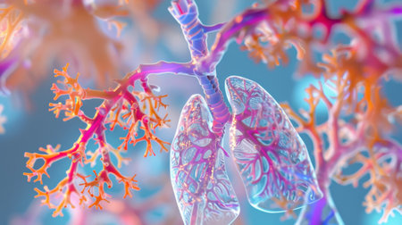 A digital rendering of the human respiratory system, highlighting lungs and bronchial tubesの素材