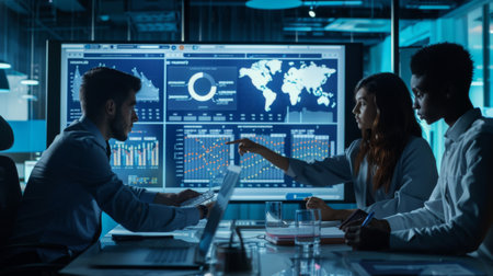 A diverse group of professionals studying a statistical graph on a large screen during a meetingの素材