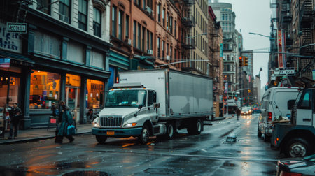 A delivery truck parked on a busy street, unloading goods during daytimeの素材