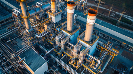 A combined-cycle power plant with gas turbines and steam turbines, showcasing advanced energy production techniquesの素材