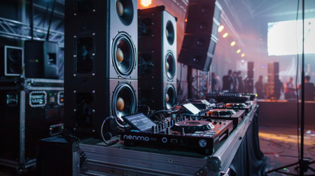 A DJ's setup with powerful speakers and mixing equipment, ready for a live performanceの素材
