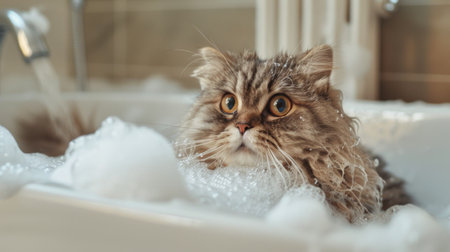 A fluffy Persian cat reluctantly sitting in a bathtub filled with bubbles, eyes wide with surpriseの素材