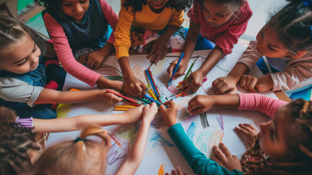A group of children sharing crayons and coloring together on a large sheet of paper, fostering collaboration and creativityの素材