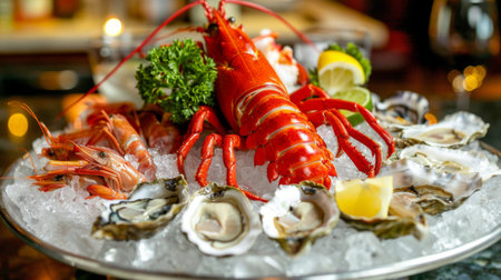 A gourmet seafood platter with lobster, oysters, and shrimp on ice, served elegantlyの素材