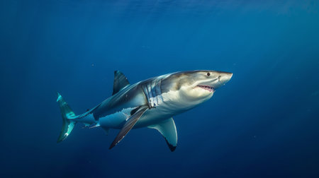 A great white shark swimming gracefully in deep blue ocean waters, dorsal fin visibleの素材