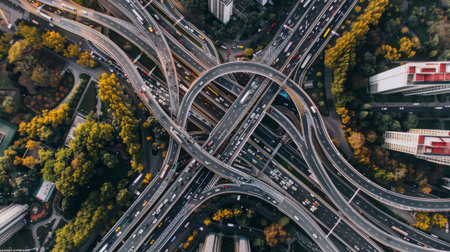 A highway interchange with cars merging into different lanes, aerial viewの素材