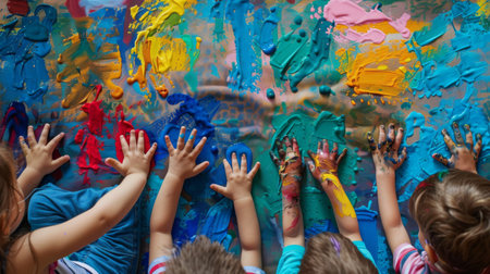 A group of children finger painting on a large paper canvas, creative art classの素材