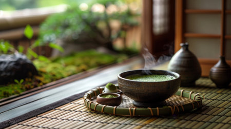 A Japanese tea ceremony setting with matcha tea bowl and traditional sweets on a tatami matの素材