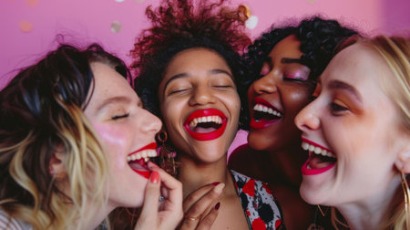 A group of friends trying on different lipsticks and laughing, showcasing the fun and playful side of makeupの素材