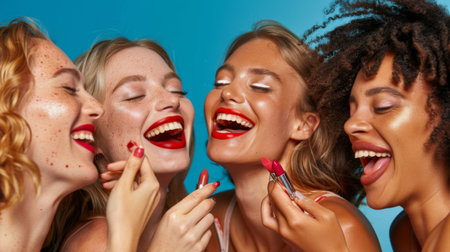 A group of friends trying on different lipsticks and laughing, showcasing the fun and playful side of makeupの素材