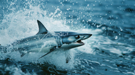 A mako shark leaping out of the water during hunting, dynamic marine behaviorの素材