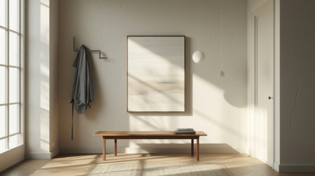 A minimalist entryway with a simple bench, a coat rack, and a single piece of art, showcasing functional designの素材