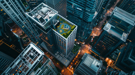 A high angle view of skyscrapers with rooftop helipads, illustrating luxury and convenienceの素材