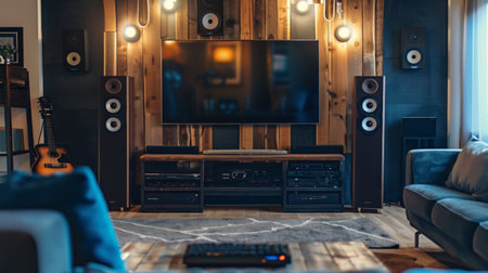 A home theater system with surround sound speakers installed in a living room, enhancing entertainmentの素材
