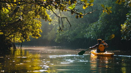 A kayaker paddling through mangrove forests along a tropical river, eco-tourism adventureの素材
