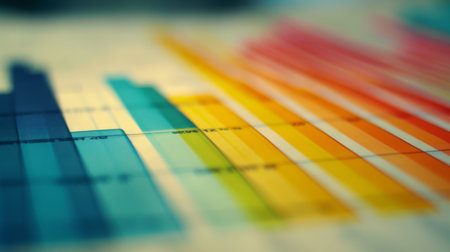 A macro shot of a printed bar graph with colorful segments, symbolizing market analysis and trendsの素材
