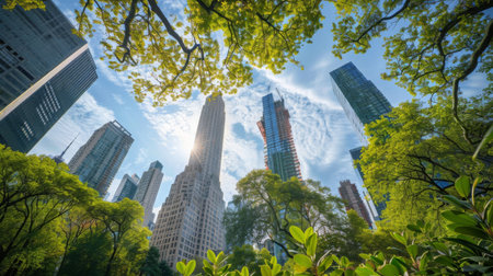 A low angle view of skyscrapers towering over a park, blending nature with urban architectureの素材