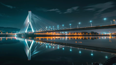 A modern cable-stayed bridge illuminated at night, reflecting in the calm river watersの素材