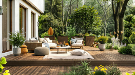 A minimalist outdoor patio with a wooden deck, simple furniture, and potted plants, creating a peaceful retreatの素材