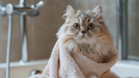 A Persian cat wrapped in a towel after a bath, sitting on a soft towel looking fluffyの素材