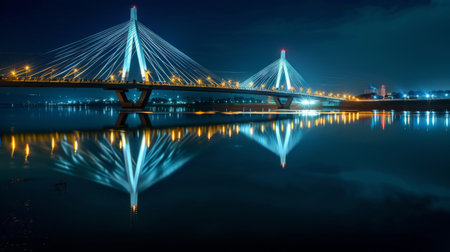 A modern cable-stayed bridge illuminated at night, reflecting in the calm river watersの素材