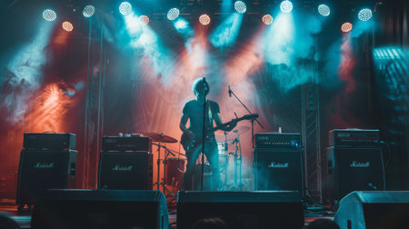 A musician performing live on stage with powerful stage monitors and amplifiersの素材