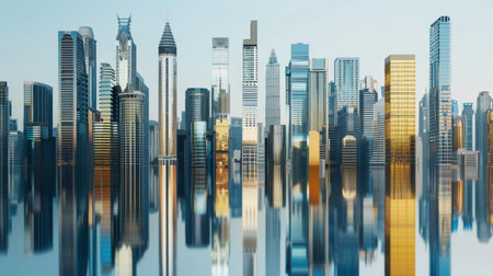 A panoramic view of a modern city skyline filled with towering skyscrapers, reflecting urban developmentの素材