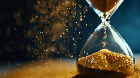 A macro shot of grains of sand falling in an hourglass, time measurement conceptの素材