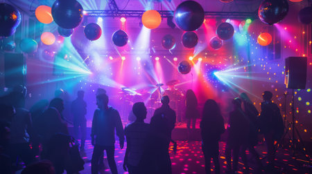 A party scene with colorful disco lights and loudspeakers, creating a festive atmosphereの素材