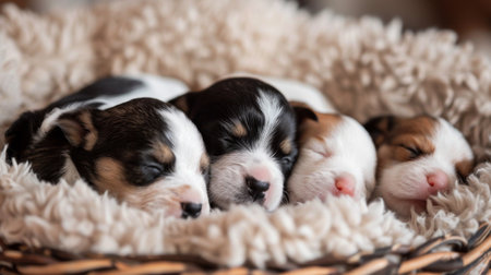 A litter of newborn puppies sleeping together in a cozy nestの素材