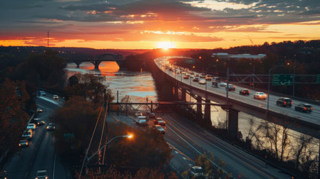 A highway bridge with traffic lights and vehicles crossing over a river at sunsetの素材