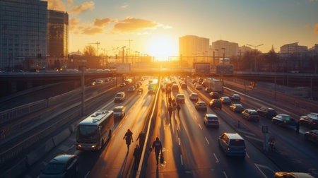 A pedestrian bridge over a busy highway with people walking during sunsetの素材