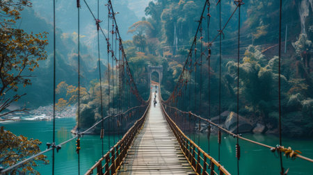 A pedestrian suspension bridge with people walking across, scenic river backdropの素材