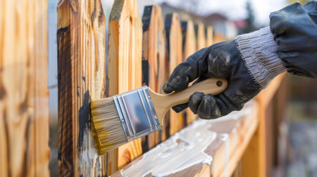 A painter touching up a wooden fence with a brush, outdoor home improvement projectの素材