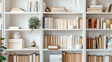 A minimalist bookshelf with neatly arranged books, a few decorative items, and ample negative space, showcasing orderlinessの素材