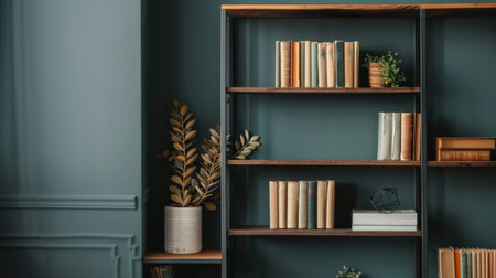 A minimalist bookshelf with neatly arranged books, a few decorative items, and ample negative space, showcasing orderlinessの素材