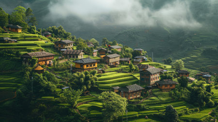 A mountain village nestled among green hills with traditional houses and terraced fieldsの素材