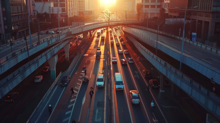 A pedestrian bridge over a busy highway with people walking during sunsetの素材