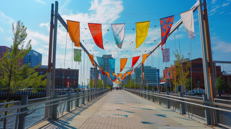 A pedestrian bridge adorned with colorful flags, spanning a lively urban riverfrontの素材