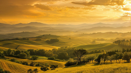 A panoramic view of rolling hills and distant mountains under a golden sunset skyの素材
