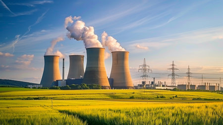 A nuclear power plant with its cooling towers releasing steam, set against a backdrop of green fields, representing nuclear energyの素材