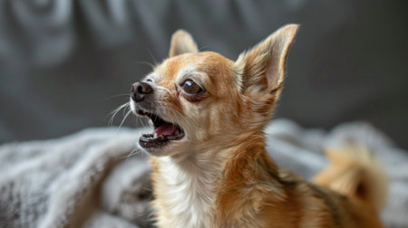 A persistent chihuahua barking loudly, protesting against being left aloneの素材