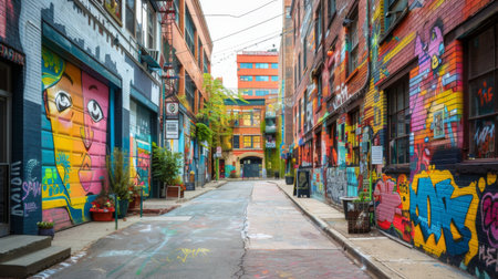 A pedestrian street with colorful murals on building walls and graffiti artの素材