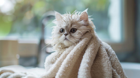 A Persian cat wrapped in a towel after a bath, sitting on a soft towel looking fluffyの素材