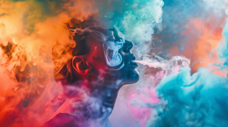 A person vaping with colorful smoke rings forming in the air, showcasing vaping cultureの素材