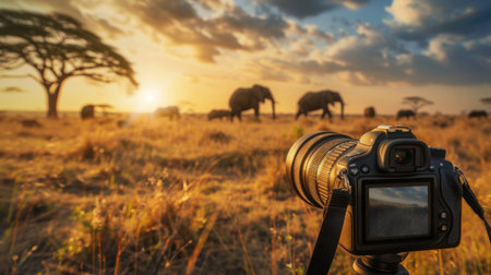 A professional photographer's camera with a telephoto lens capturing wildlife in a natural habitatの素材